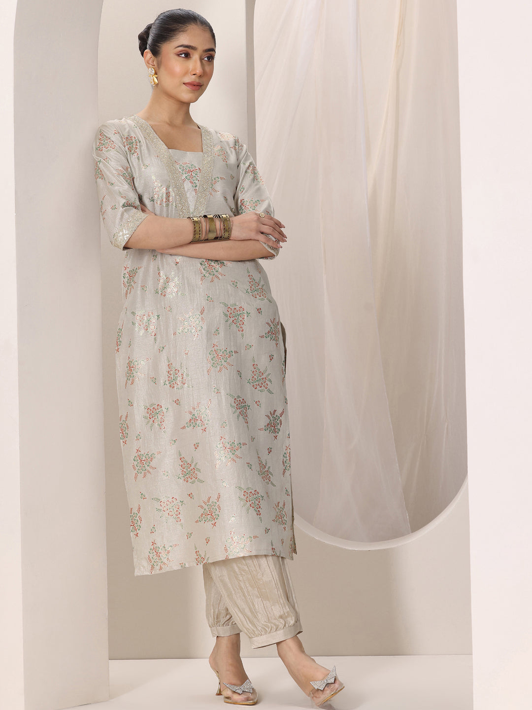 Grey Woven Design Silk Blend Straight Kurta Set