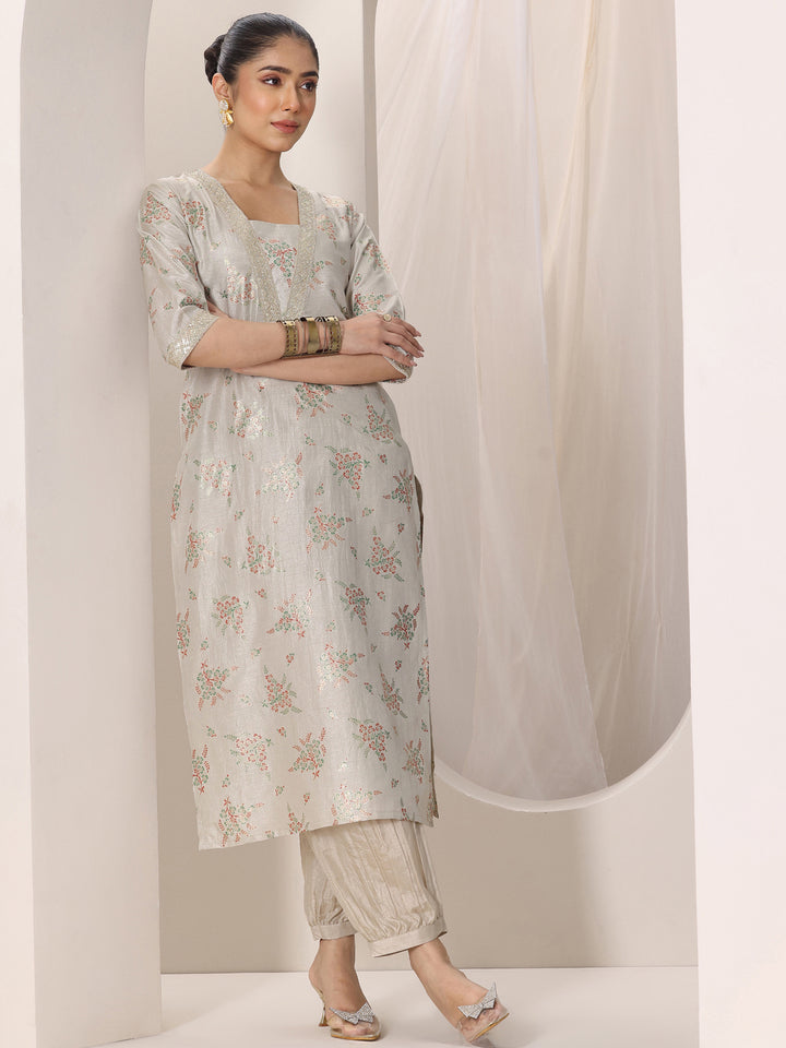 Grey Woven Design Silk Blend Straight Kurta Set