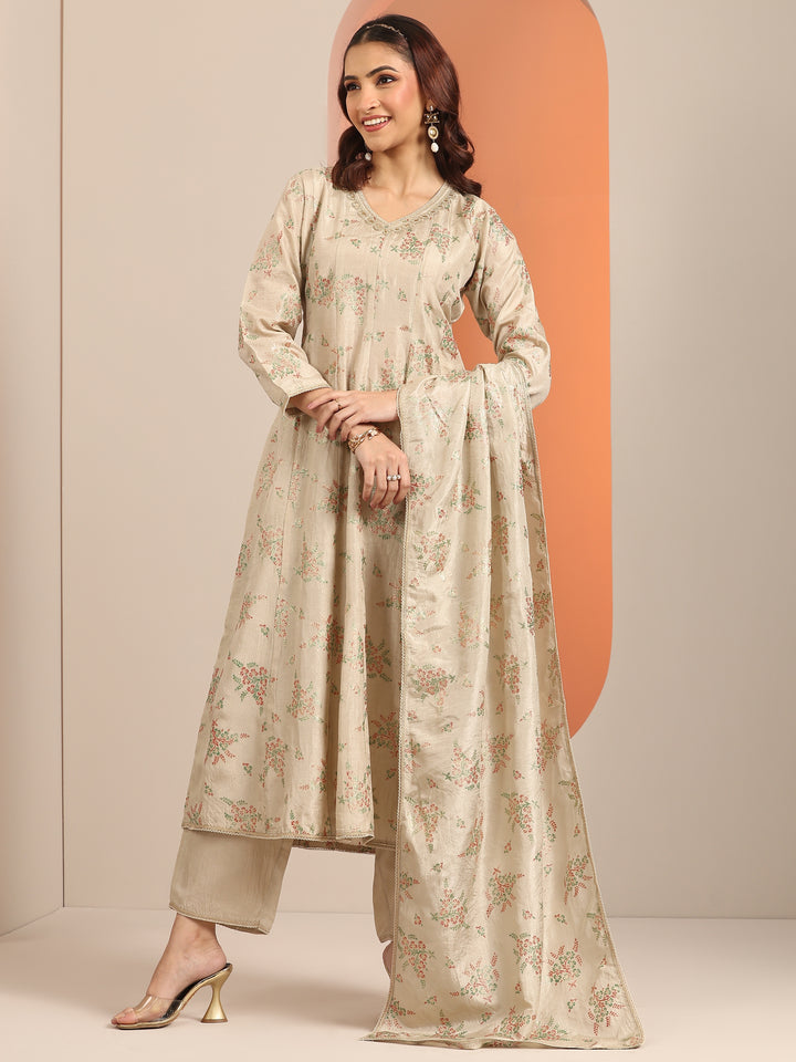 Grey Woven Design Silk Blend Straight Suit Set With Dupatta
