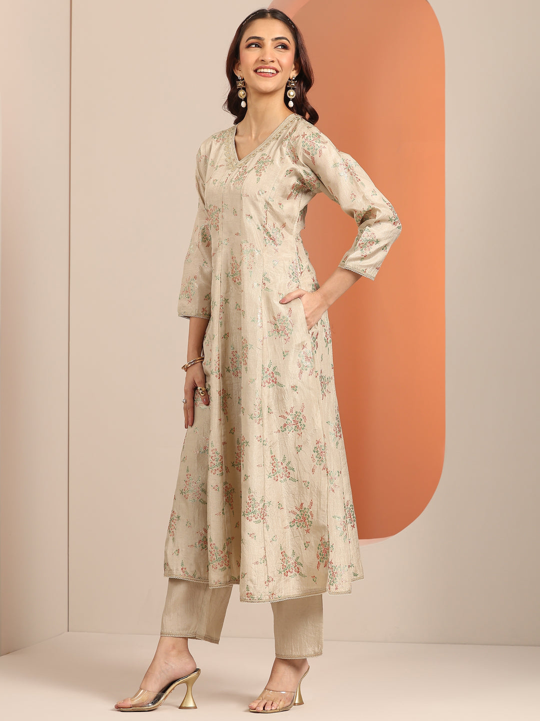 Grey Woven Design Silk Blend Straight Suit Set With Dupatta