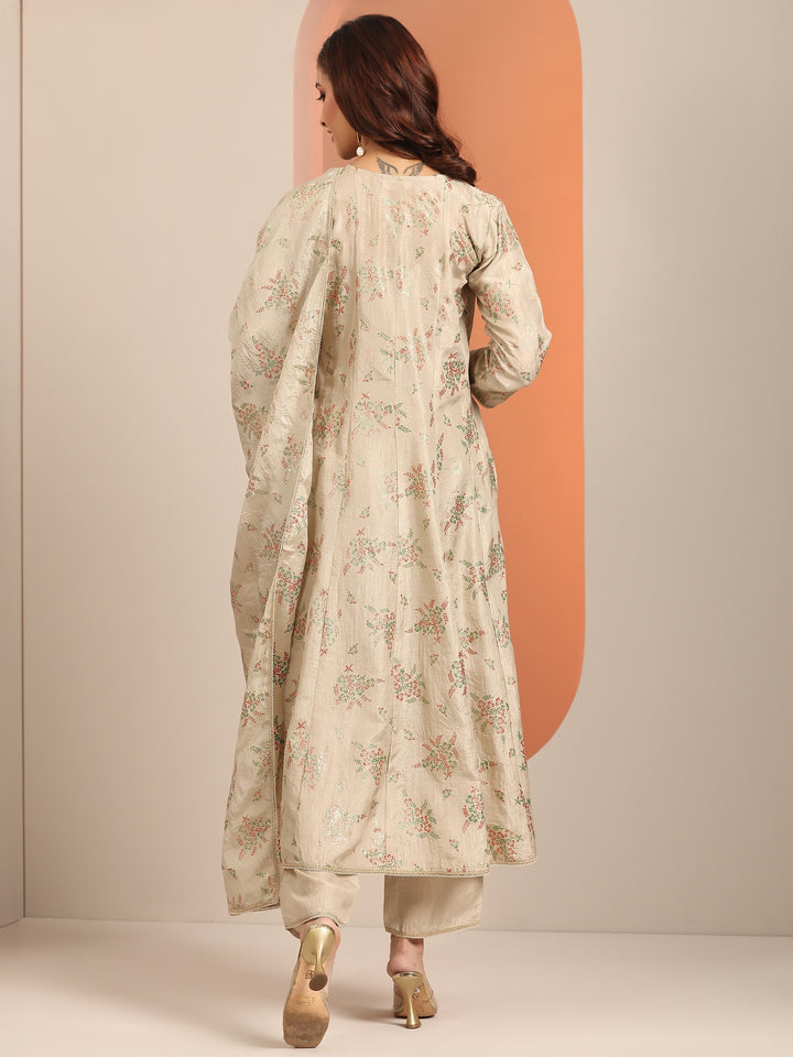 Grey Woven Design Silk Blend Straight Suit Set With Dupatta