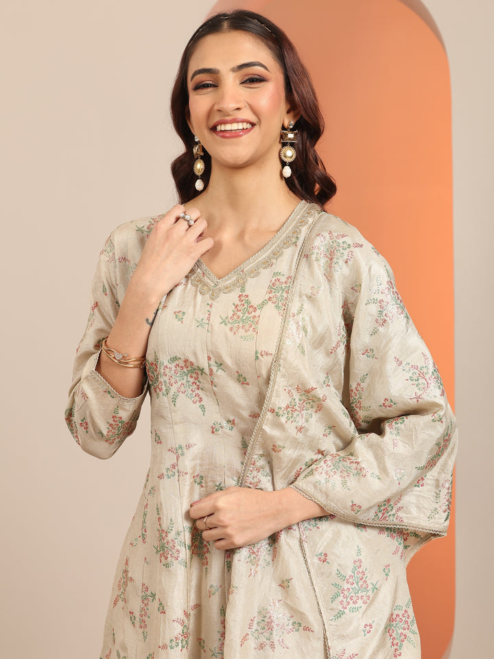 Grey Woven Design Silk Blend Straight Suit Set With Dupatta