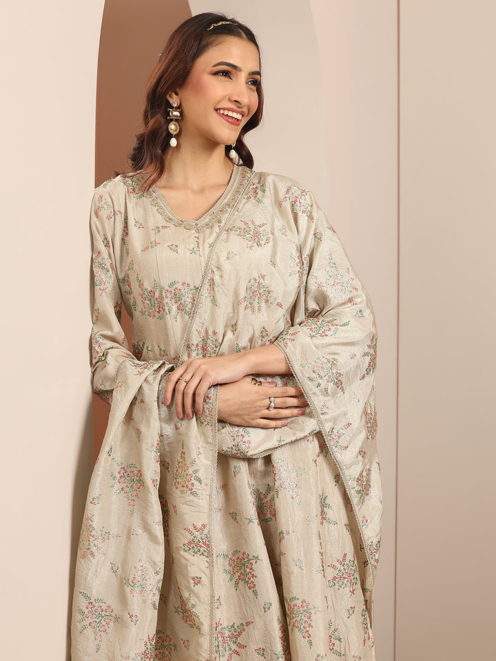 Grey Woven Design Silk Blend Straight Suit Set With Dupatta