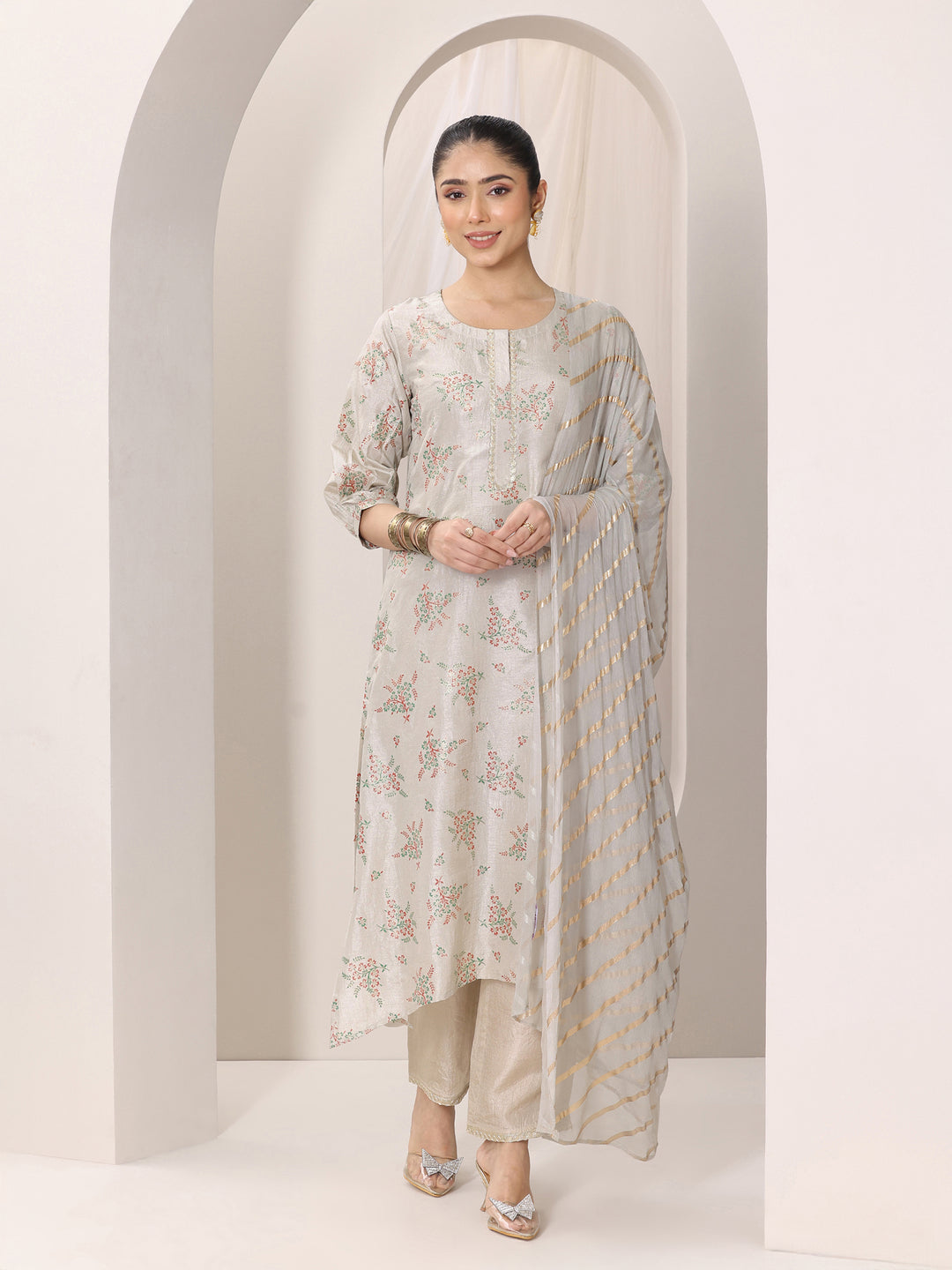 Grey Woven Design Silk Blend Straight Suit Set With Dupatta