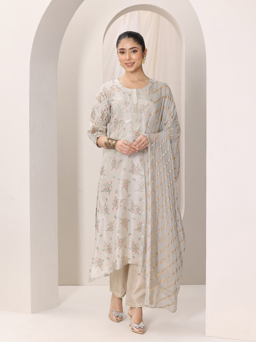 Grey Woven Design Silk Blend Straight Suit Set With Dupatta