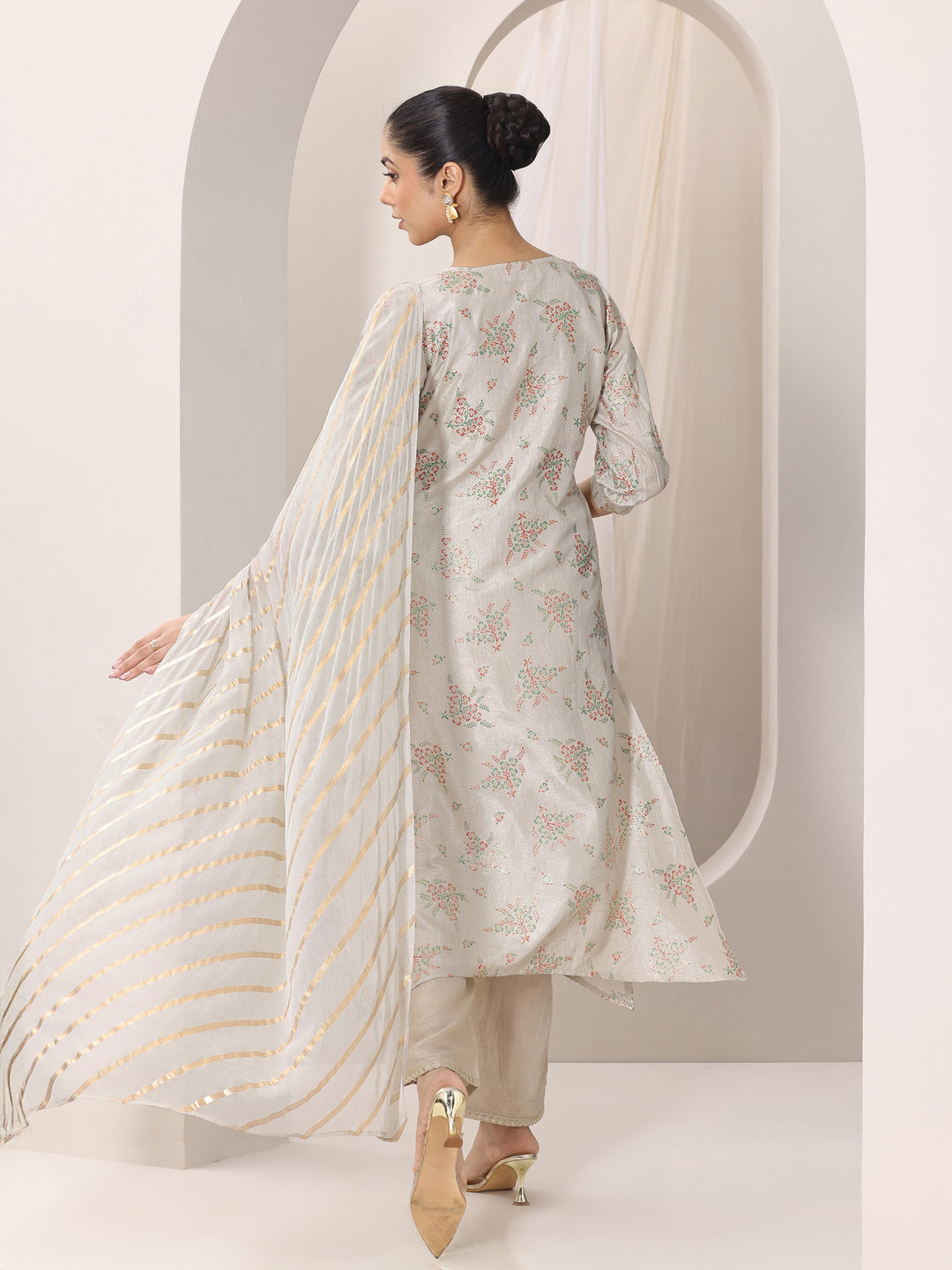 Grey Woven Design Silk Blend Straight Suit Set With Dupatta
