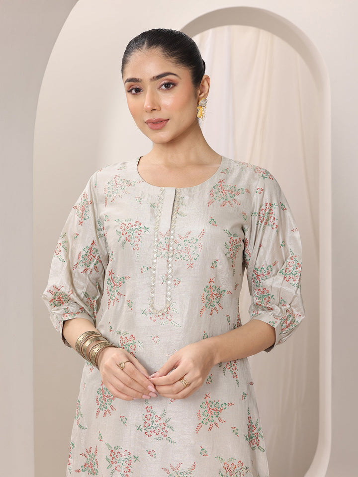 Grey Woven Design Silk Blend Straight Suit Set With Dupatta