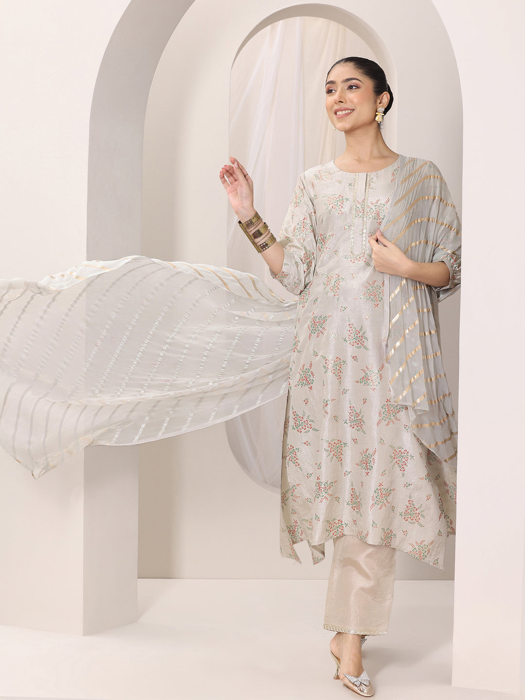 Grey Woven Design Silk Blend Straight Suit Set With Dupatta