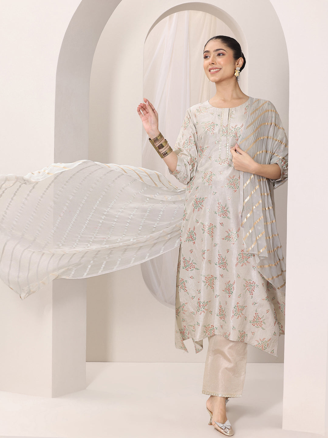 Grey Woven Design Silk Blend Straight Suit Set With Dupatta
