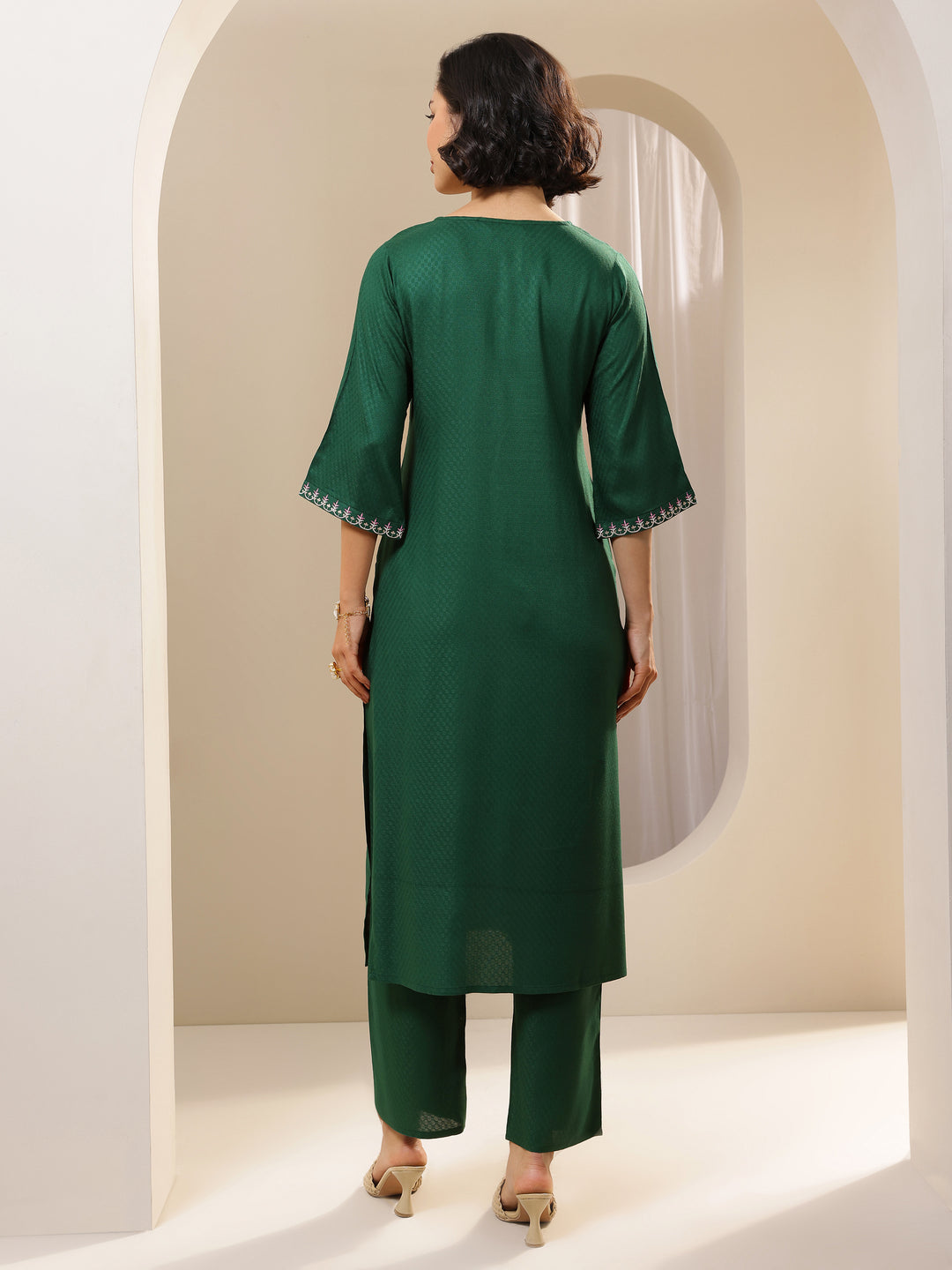 Green Self Design Rayon Straight Kurta Set