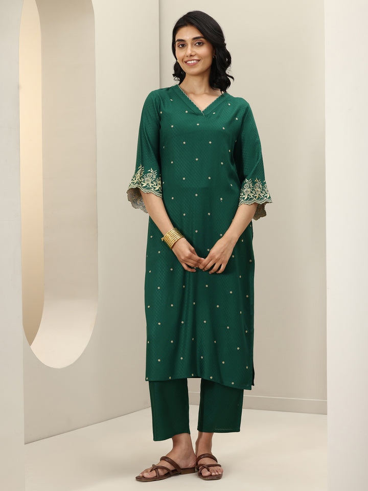 Green Self Design Rayon Straight Kurta Set