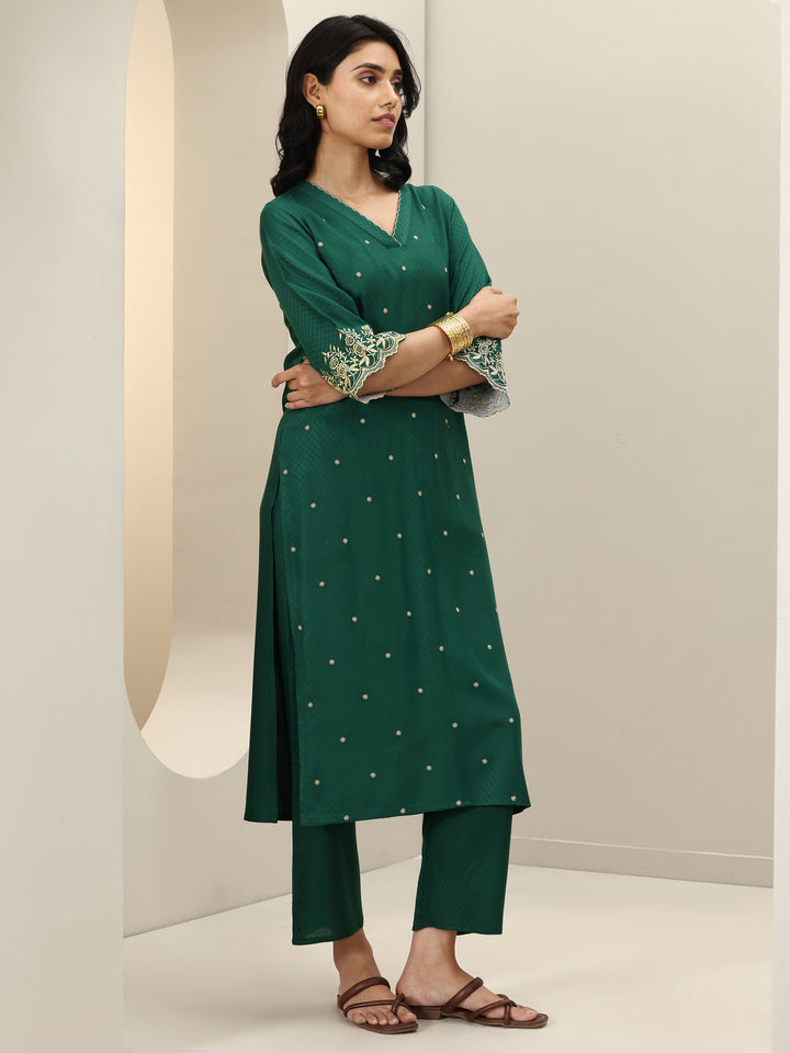 Green Self Design Rayon Straight Kurta Set