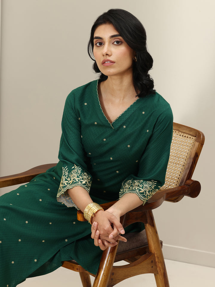 Green Self Design Rayon Straight Kurta Set