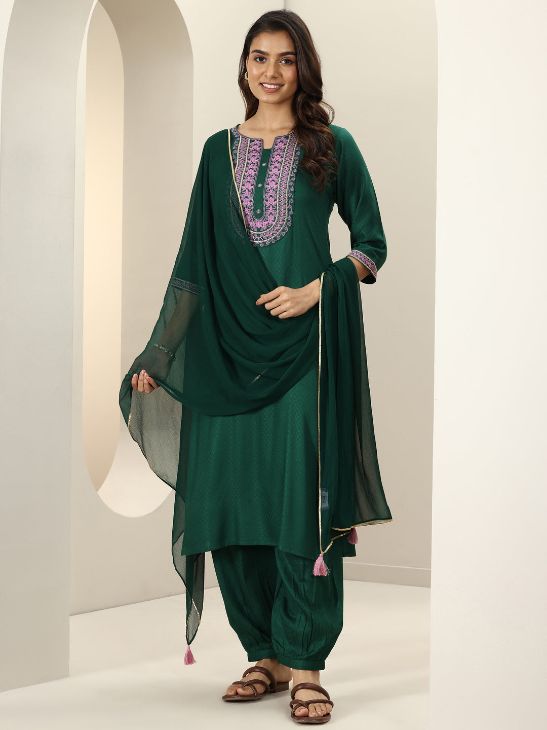 Green Self Design Rayon Straight Suit Sets With Dupatta
