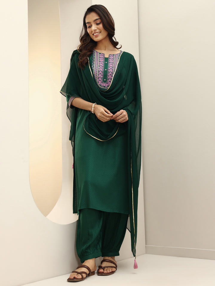 Green Self Design Rayon Straight Suit Sets With Dupatta