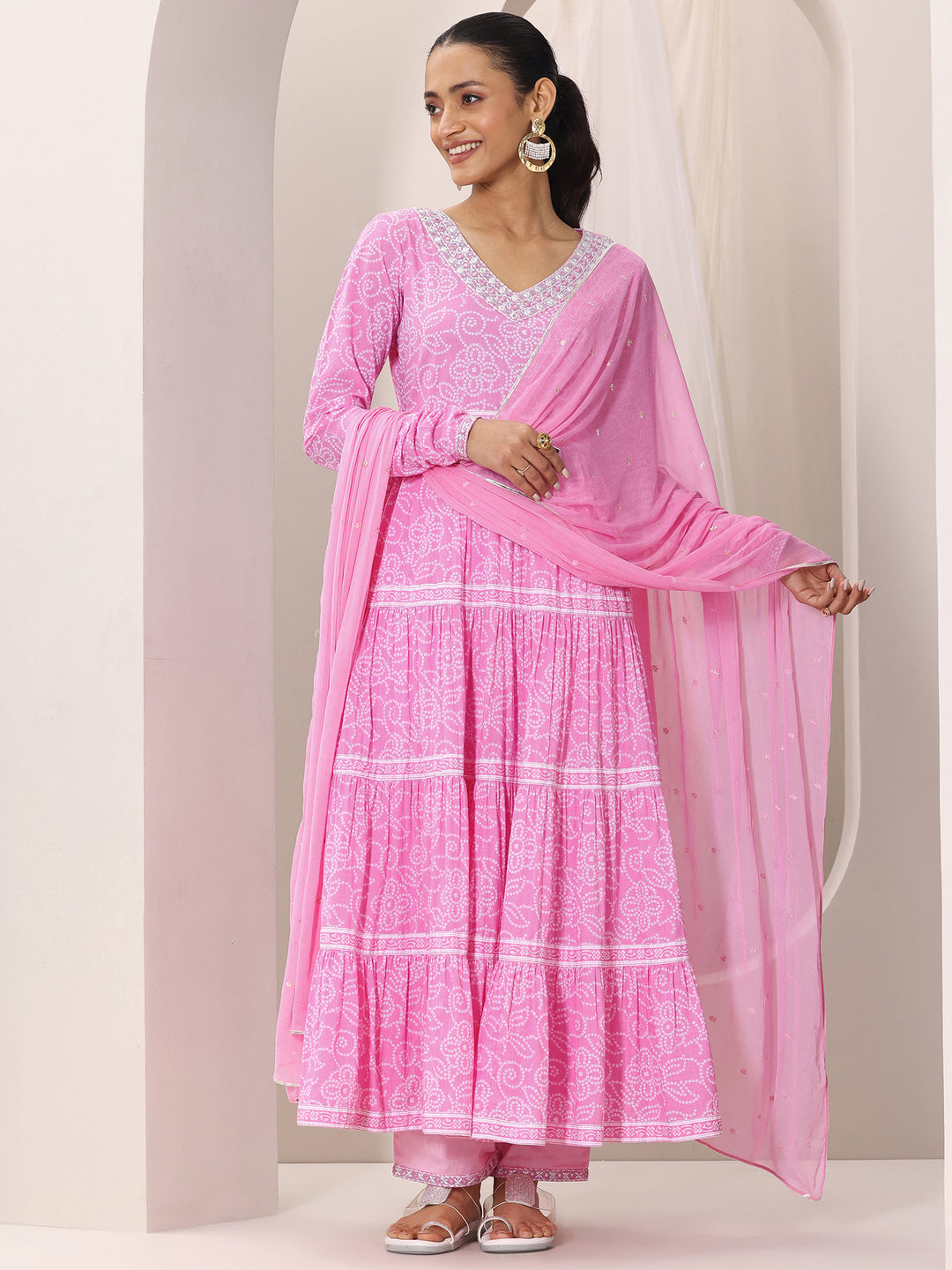 Pink Bandhani Cotton  Anarkali Suit Set With Dupatta