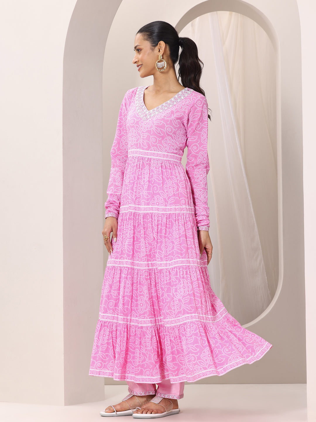Pink Bandhani Cotton  Anarkali Suit Set With Dupatta