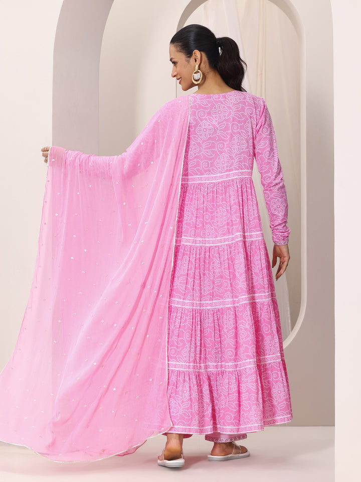 Pink Bandhani Cotton  Anarkali Suit Set With Dupatta