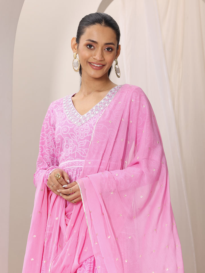 Pink Bandhani Cotton  Anarkali Suit Set With Dupatta