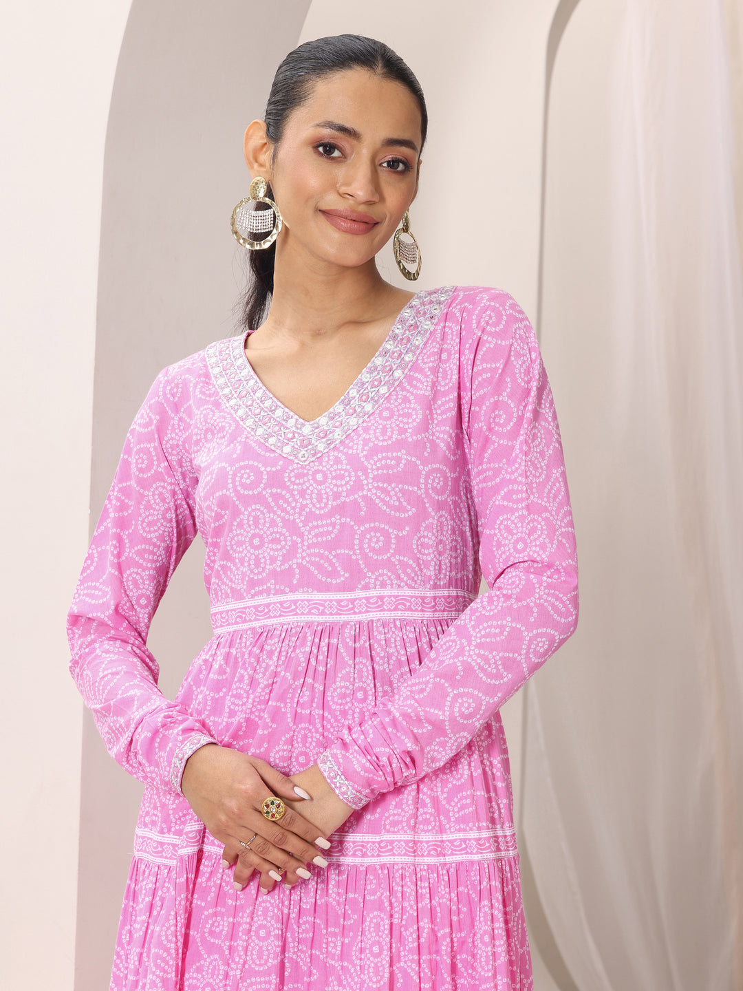Pink Bandhani Cotton  Anarkali Suit Set With Dupatta
