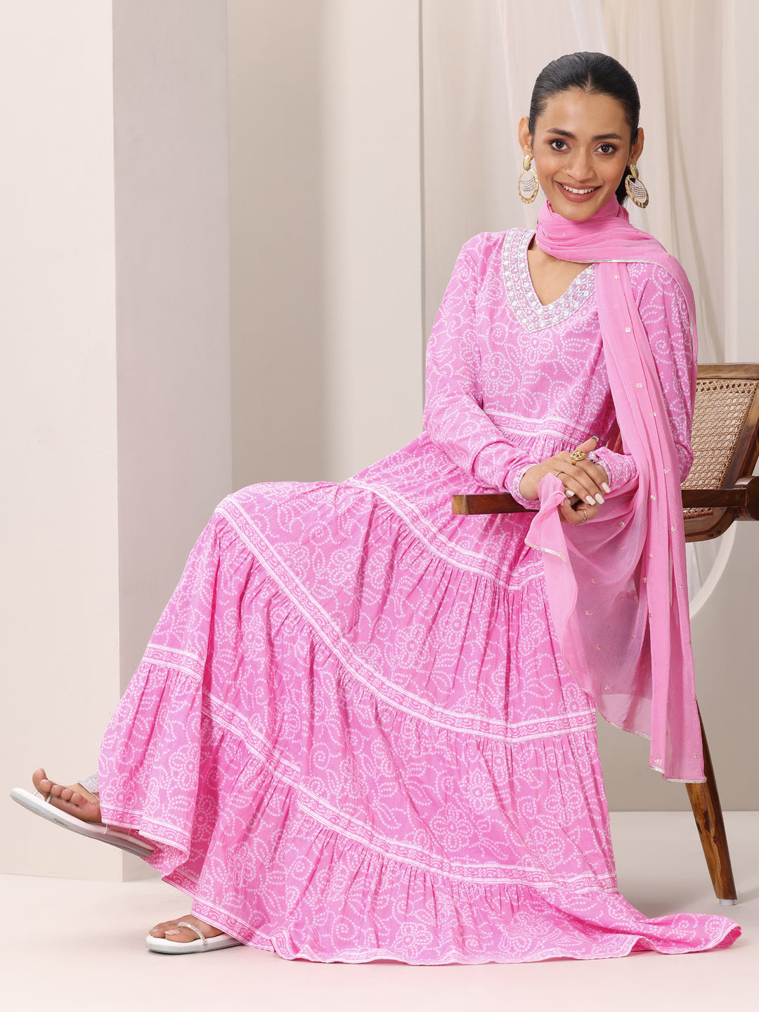 Pink Bandhani Cotton  Anarkali Suit Set With Dupatta