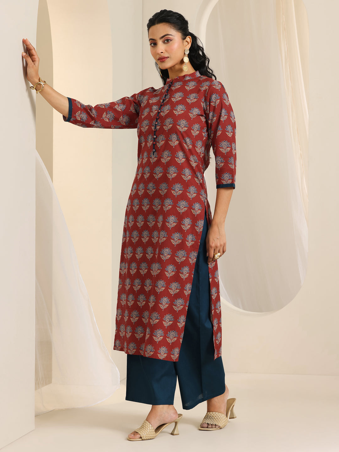 Maroon Printed Cotton Straight Kurta Set