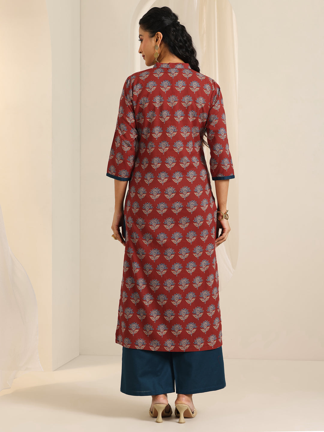 Maroon Printed Cotton Straight Kurta Set