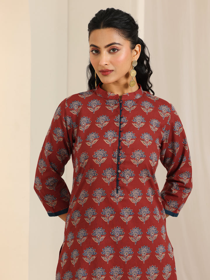 Maroon Printed Cotton Straight Kurta Set