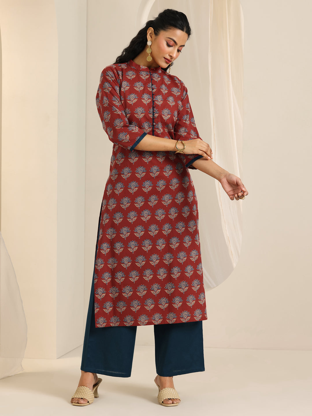 Maroon Printed Cotton Straight Kurta Set