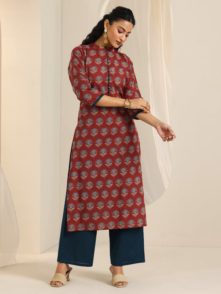 Maroon Printed Cotton Straight Kurta Set