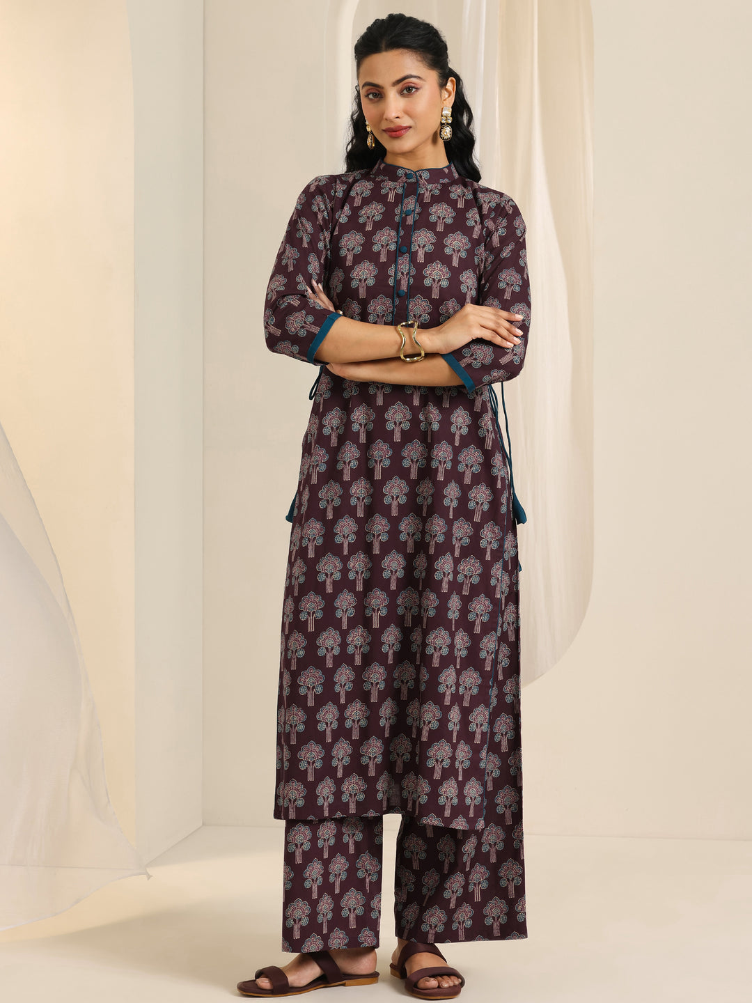 Wine Printed Cotton Straight Kurta Set