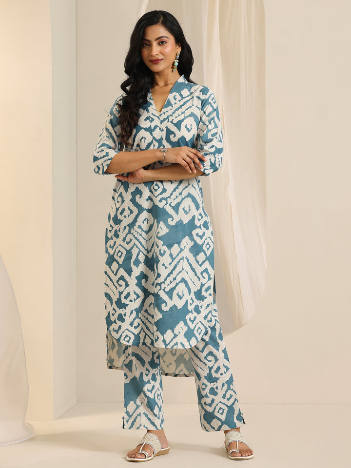Blue Printed Cotton Blend Straight Kurta Set