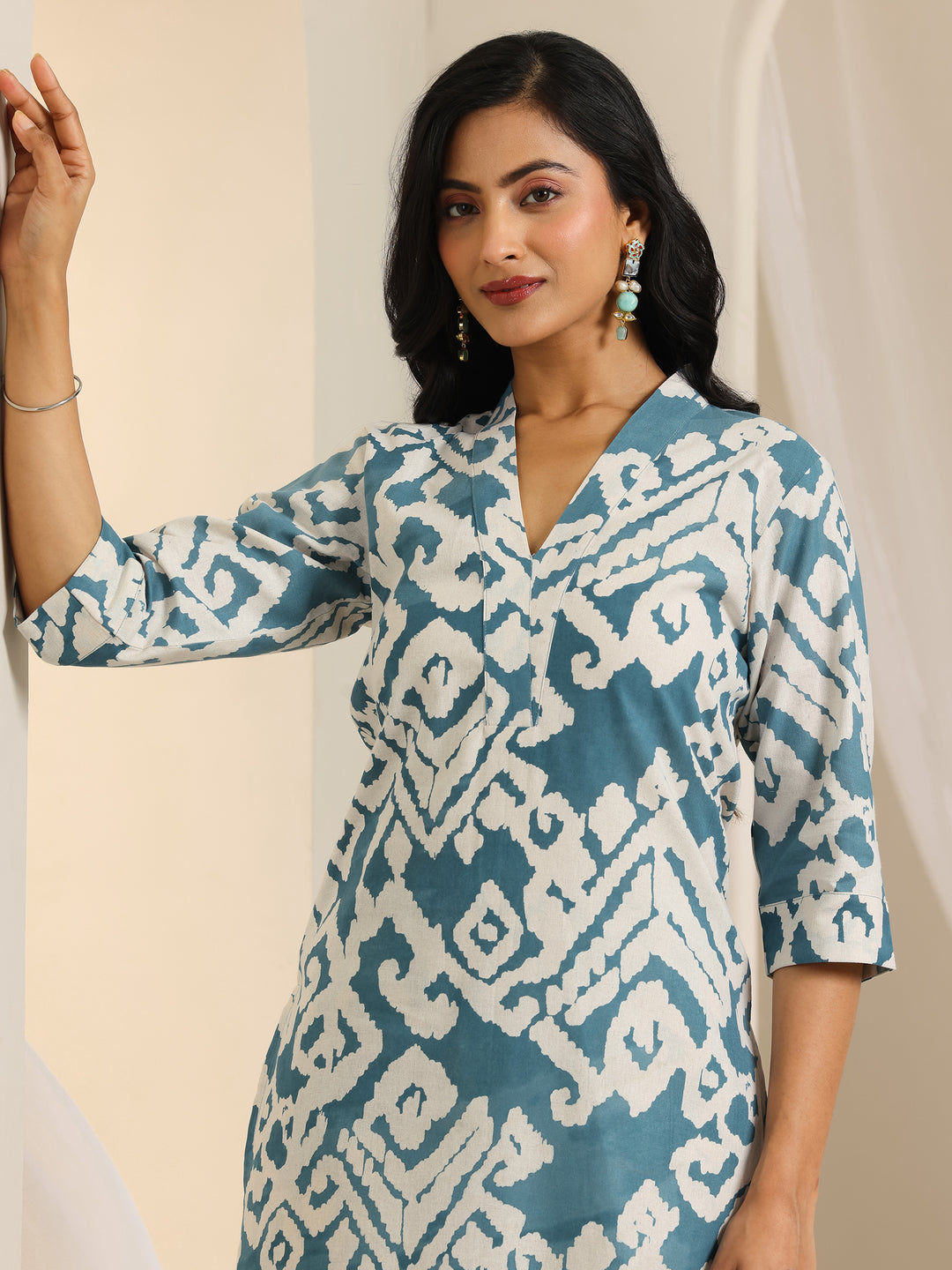 Blue Printed Cotton Blend Straight Kurta Set