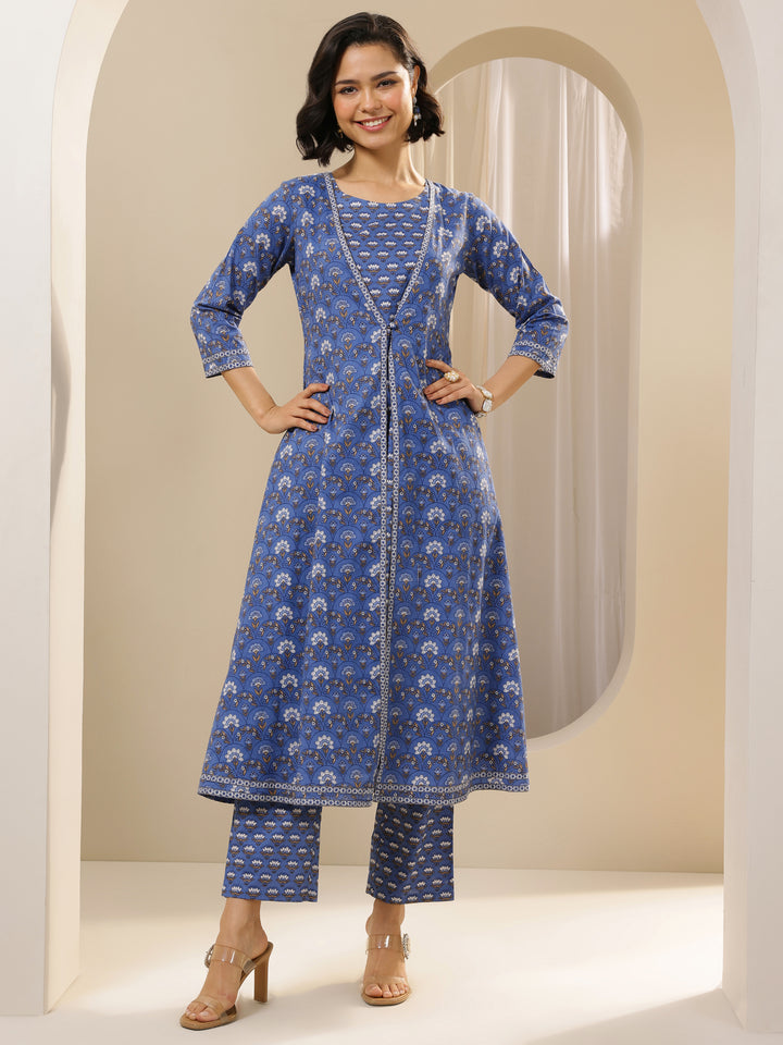 Blue Printed Cotton Straight Kurta Set