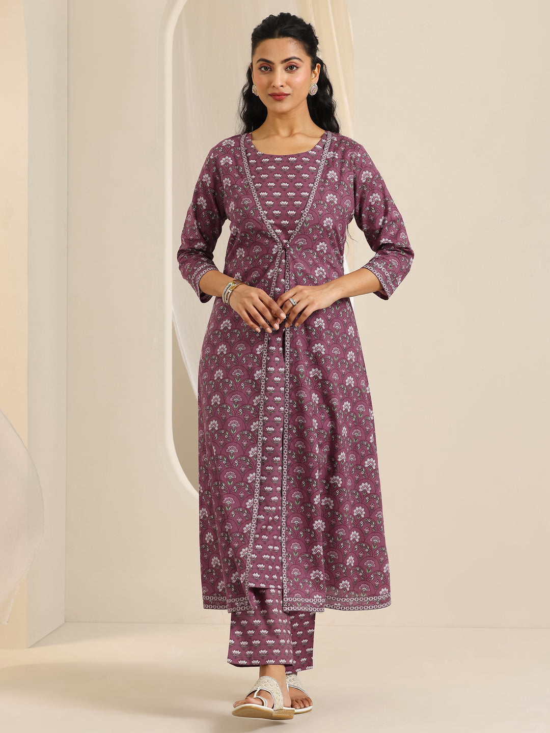 Mauve Printed Cotton Straight Kurta Set