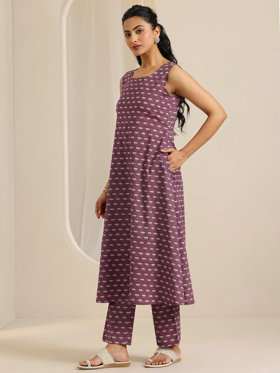 Mauve Printed Cotton Straight Kurta Set