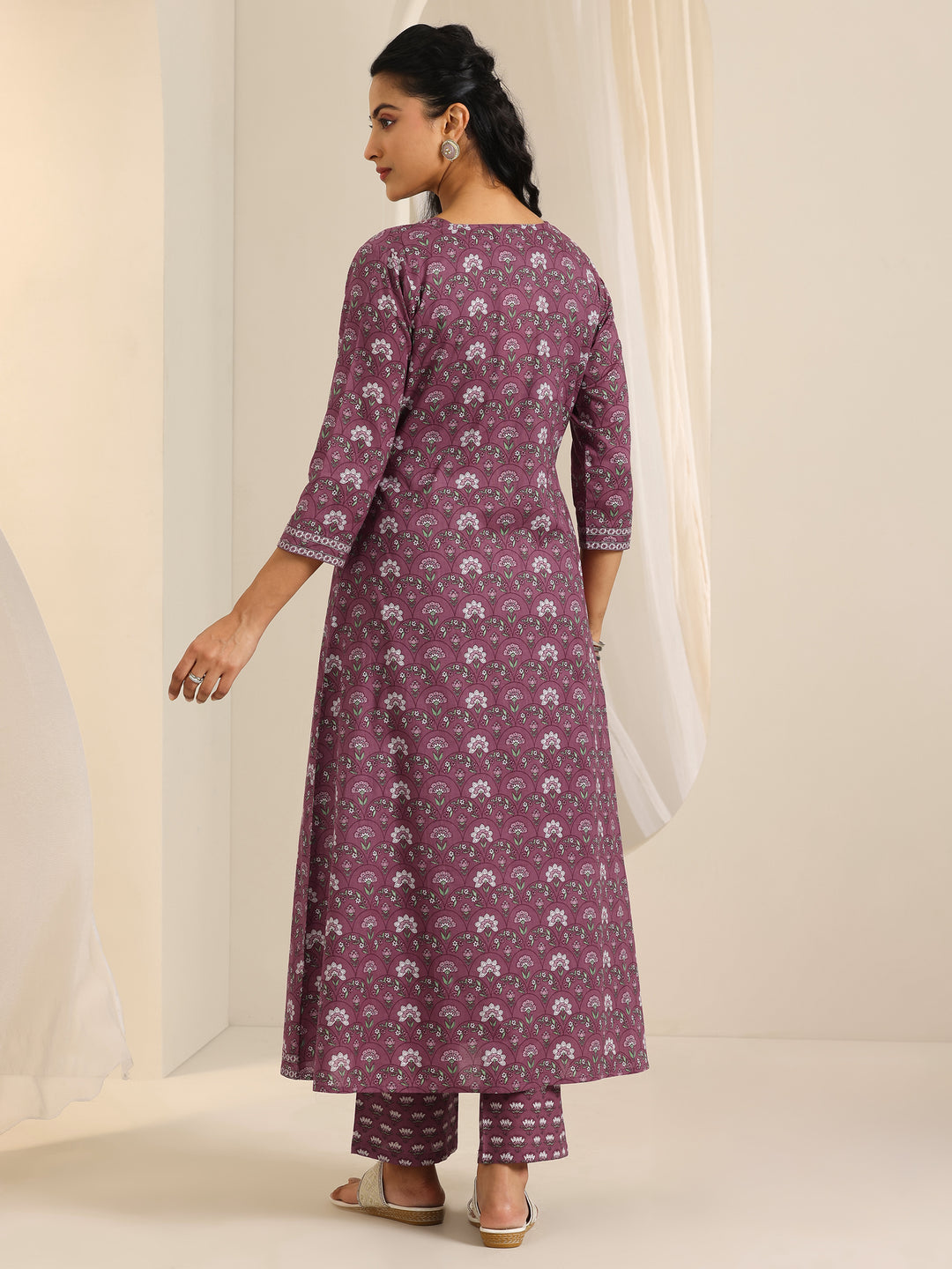 Mauve Printed Cotton Straight Kurta Set