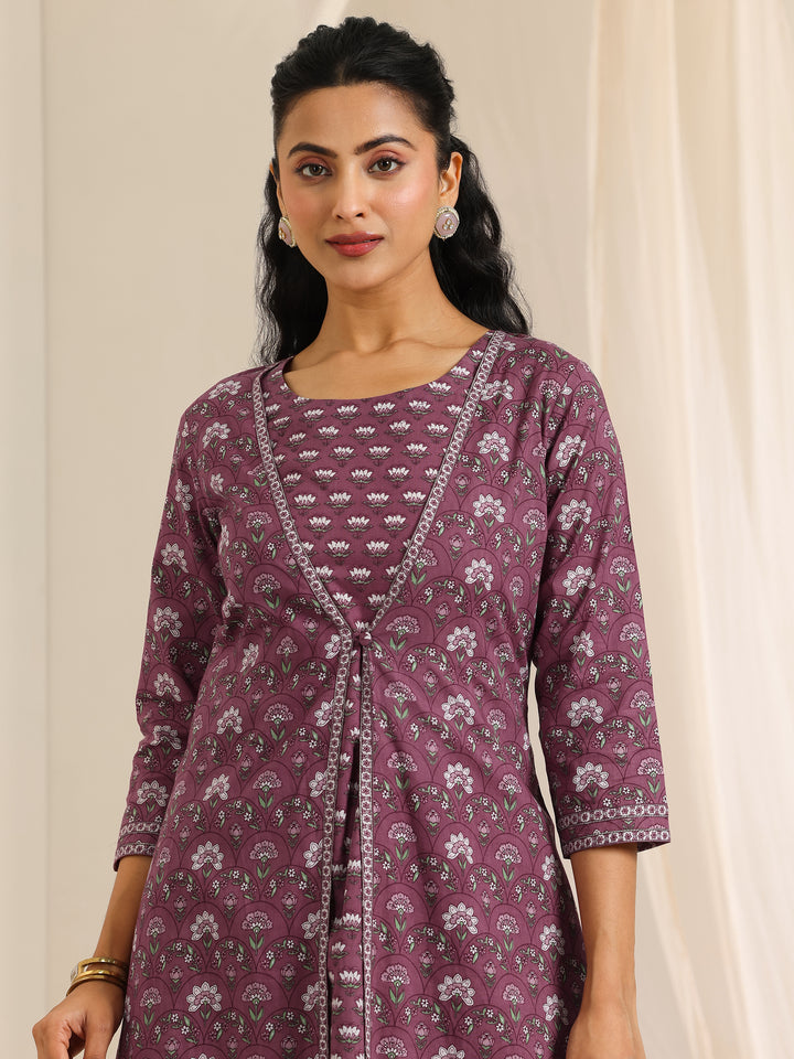 Mauve Printed Cotton Straight Kurta Set