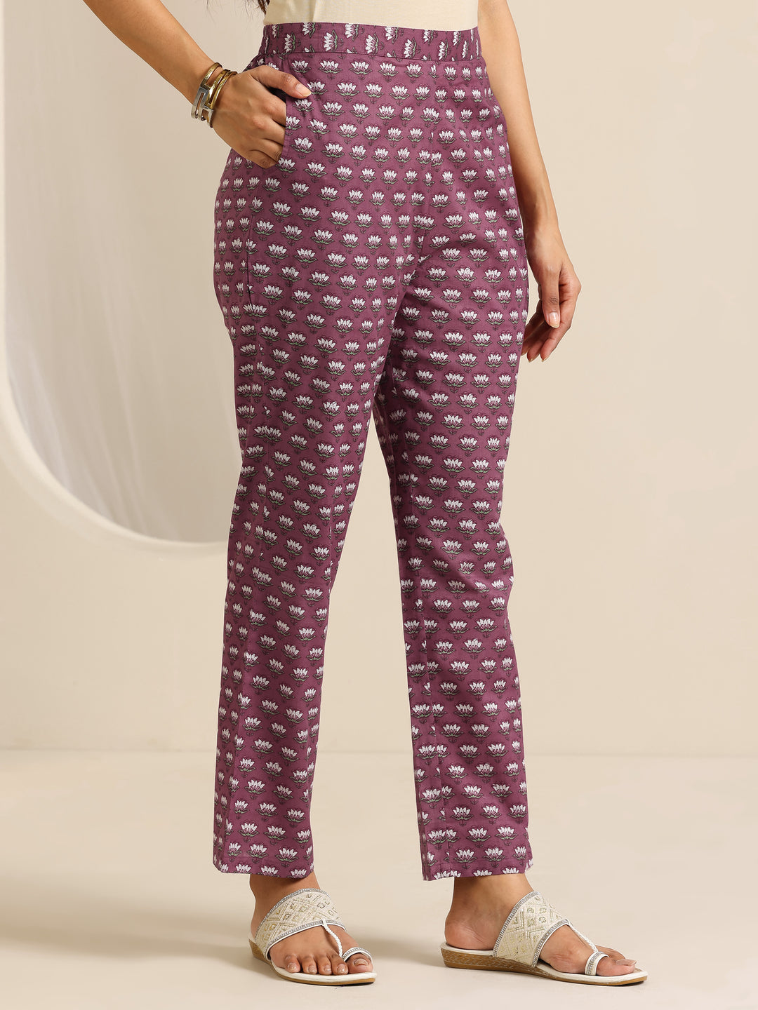 Mauve Printed Cotton Straight Kurta Set