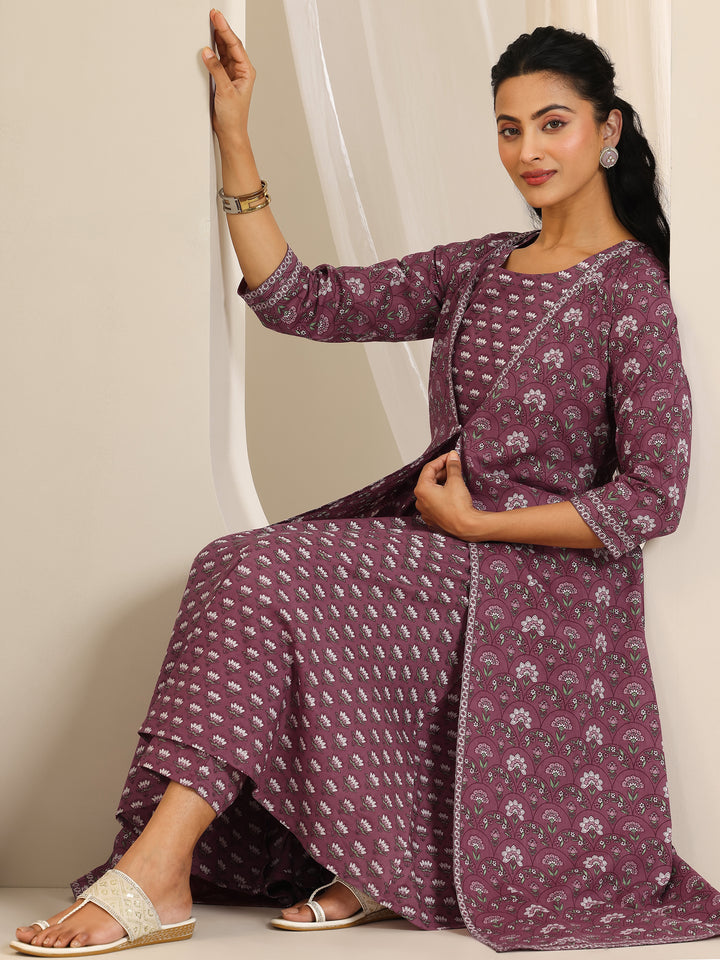 Mauve Printed Cotton Straight Kurta Set