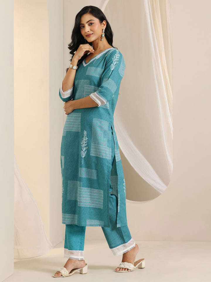 Blue Printed Cotton Straight Kurta Set