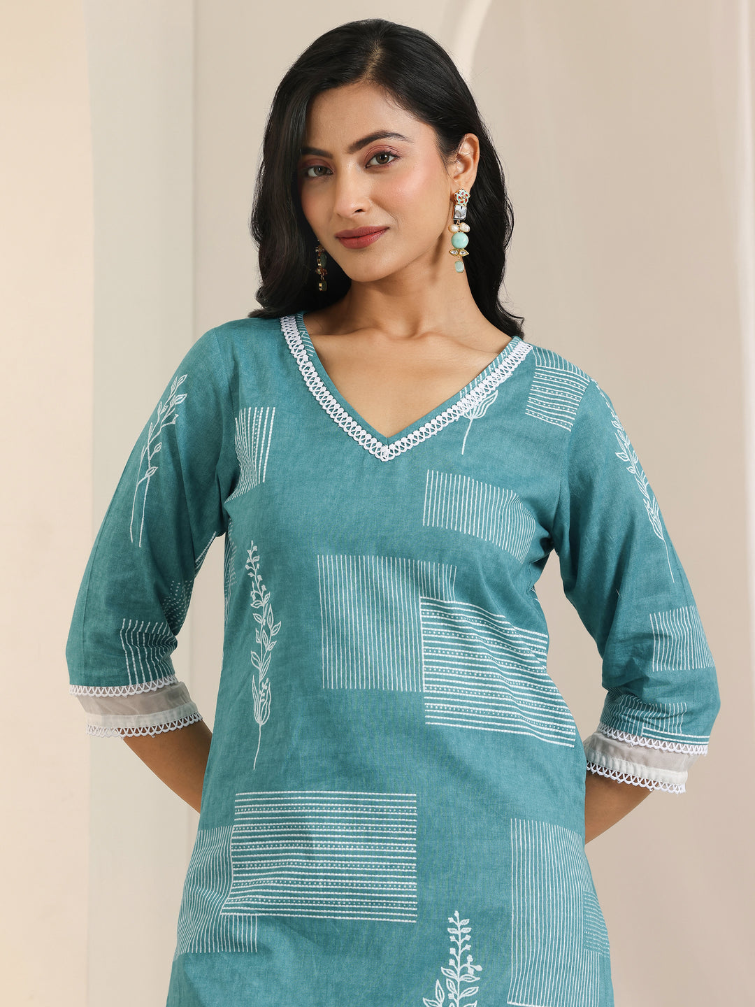 Blue Printed Cotton Straight Kurta Set