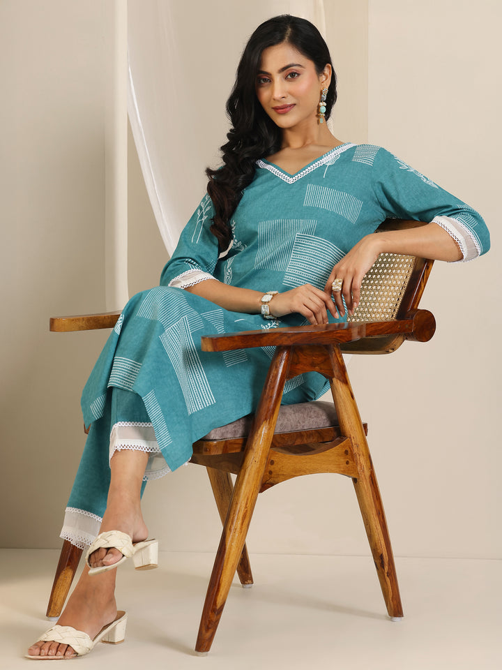 Blue Printed Cotton Straight Kurta Set