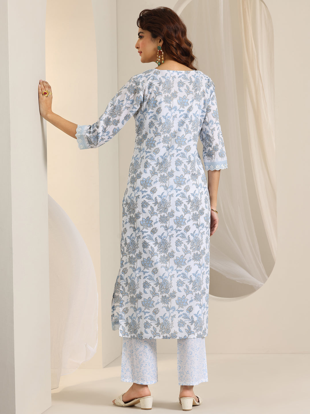 White Printed Cotton Straight Kurta Set