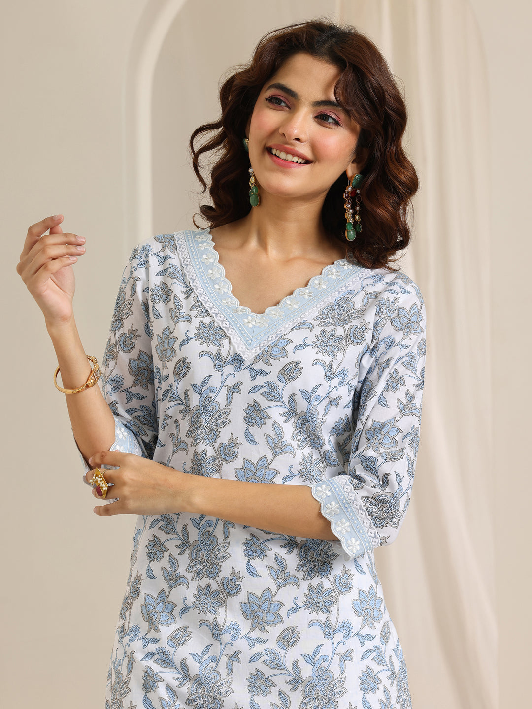 White Printed Cotton Straight Kurta Set