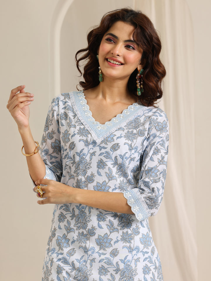 White Printed Cotton Straight Kurta Set