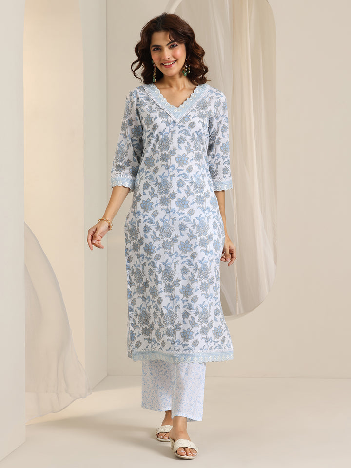 White Printed Cotton Straight Kurta Set