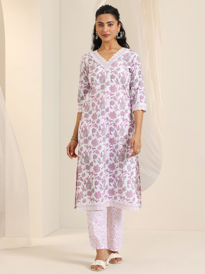 White Printed Cotton Straight Kurta Set
