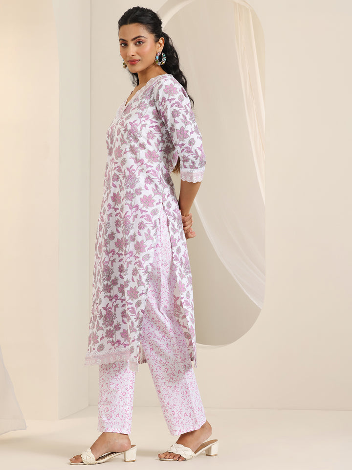 White Printed Cotton Straight Kurta Set