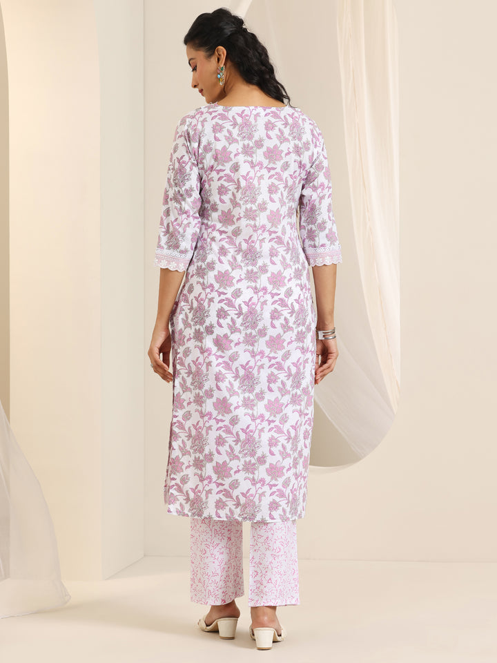 White Printed Cotton Straight Kurta Set